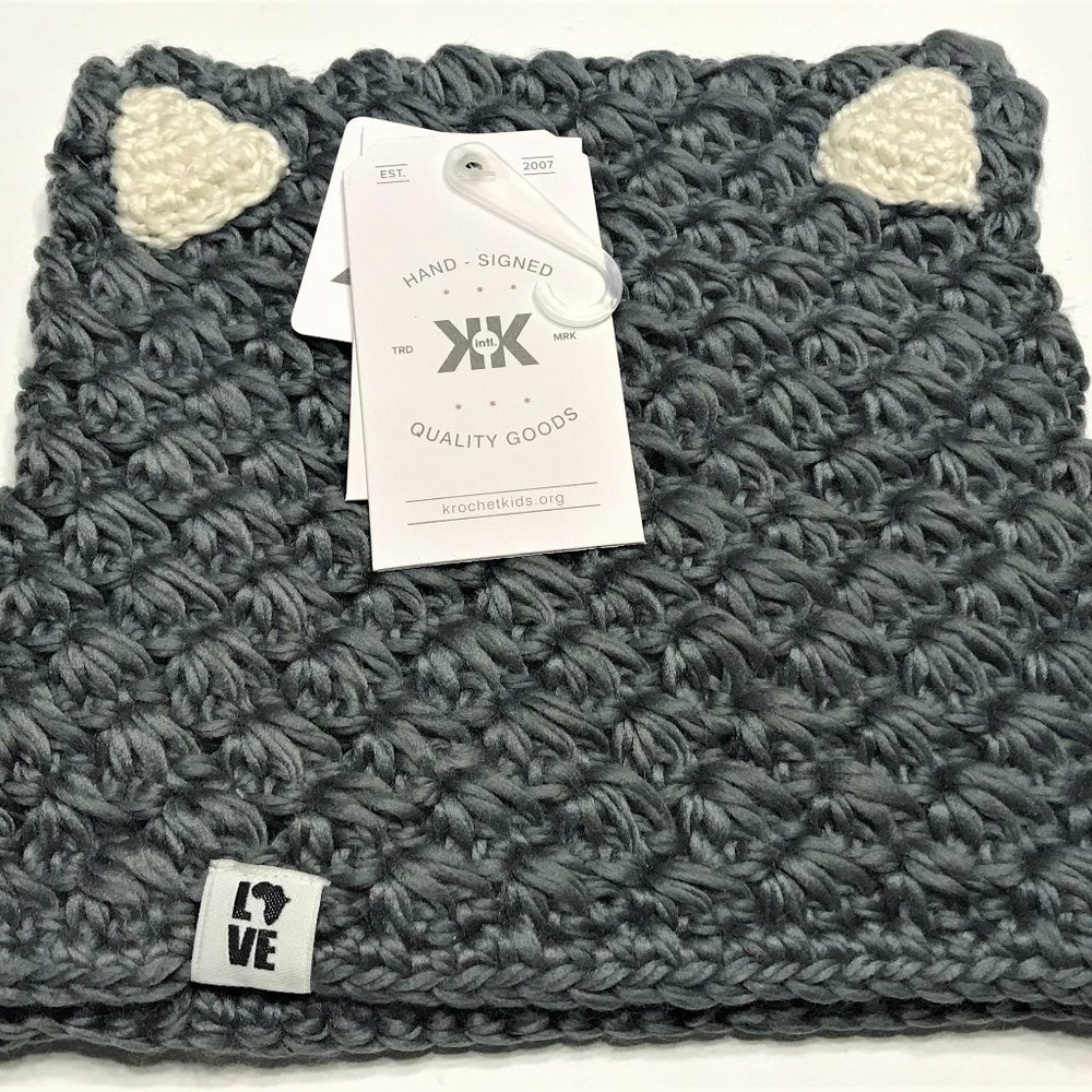 Krochet Kids Uganda Handmade Knitted Crotchet Hat Gray Boo Kitty Hand Signed NWT